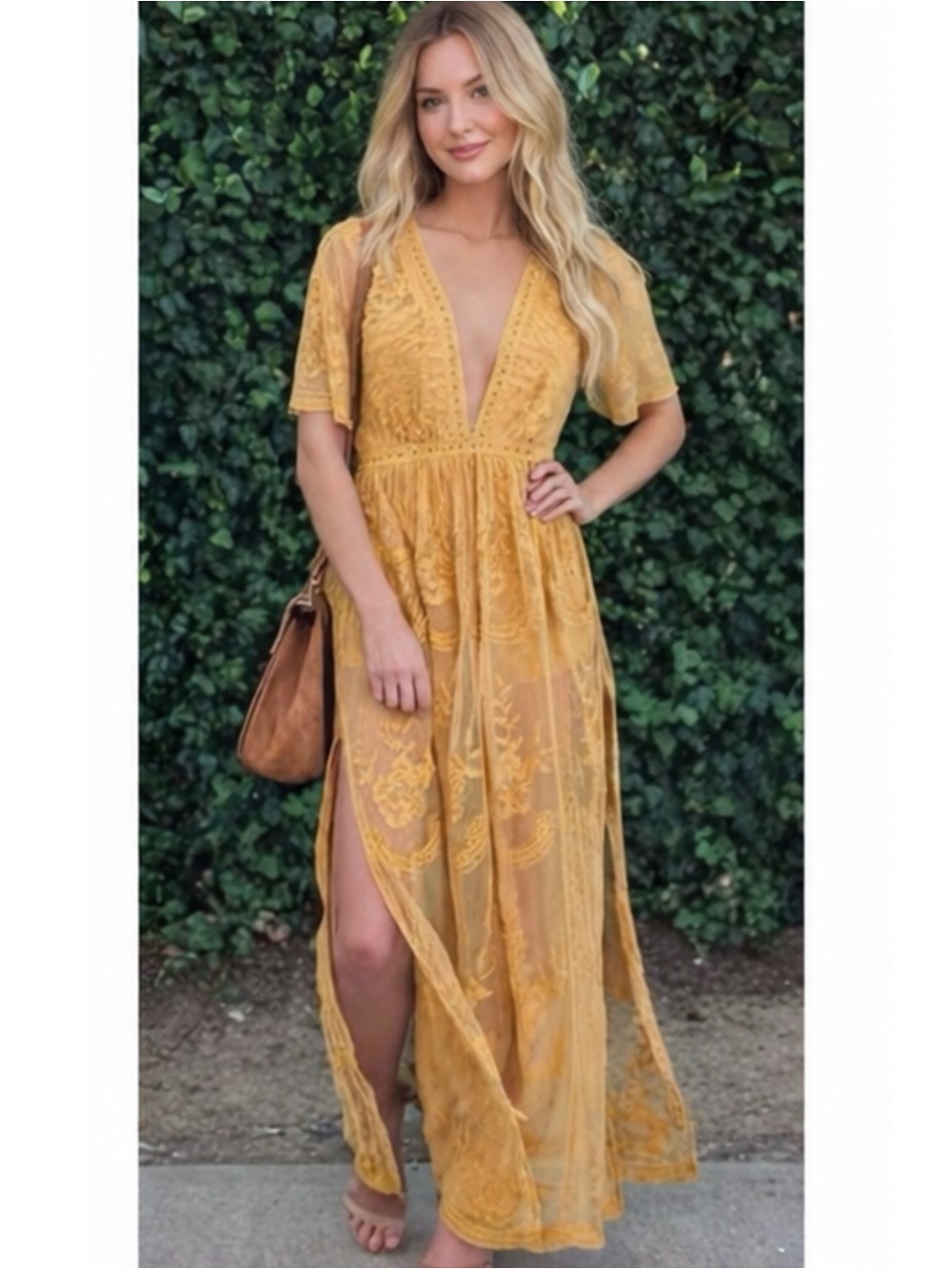 Honey Punch Golden Boho Embroidered Lace Romper Maxi Dress Slit V Neck Small New